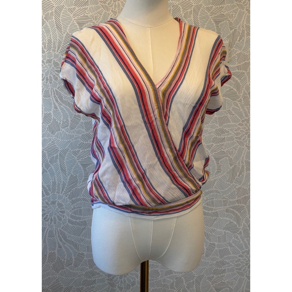 Becool Women Multi Color Striped Rayon Breezy Wrap Blouse Smocked Hem Size L